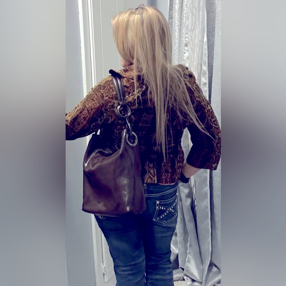 JPK Paris Brown iridescent faux reptile hobo bag with gunmetal hardware. NWOT